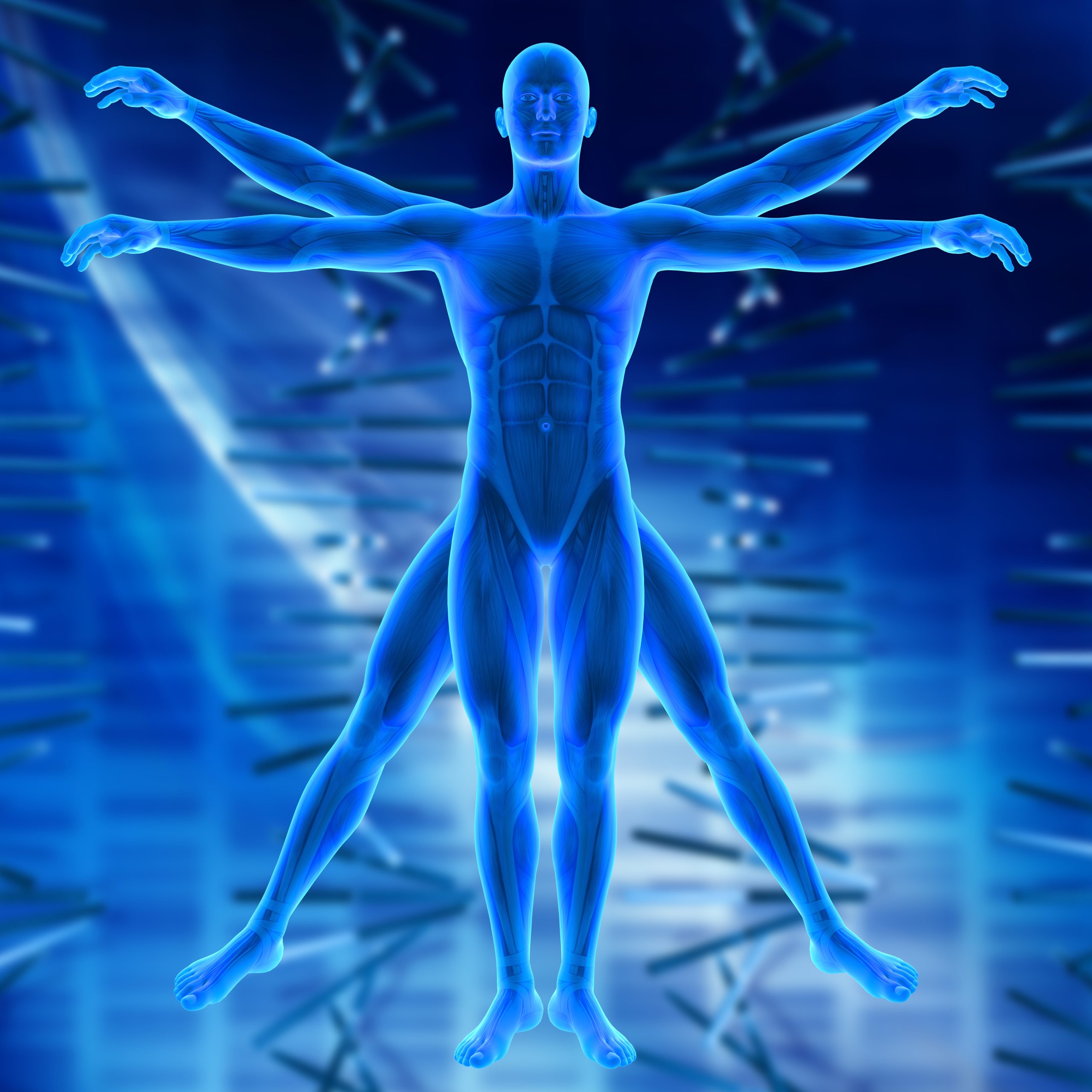 3D render of a medical background with Vitruvian style male figure